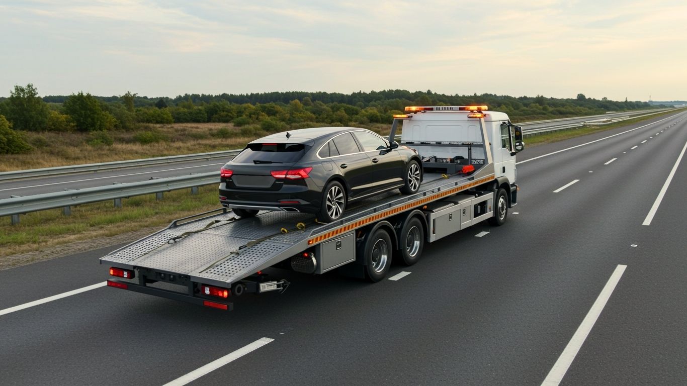 Arndt's Auto Towing flatbed truck providing emergency towing service near Silver Beach in Benton Harbor Michigan