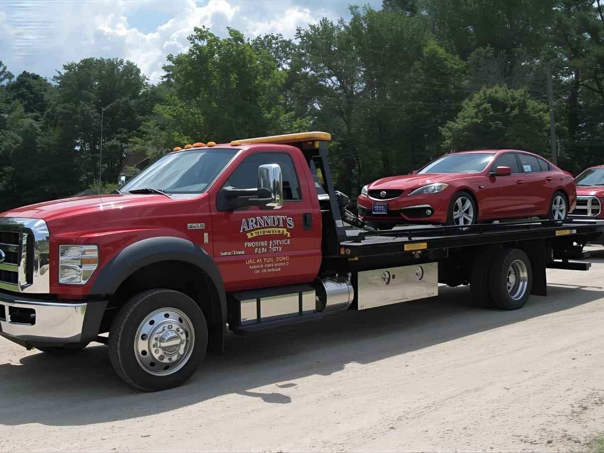 Arndt’s Auto Towing flatbed truck providing emergency towing service near Marquette Woods Park in Benton Township Michigan