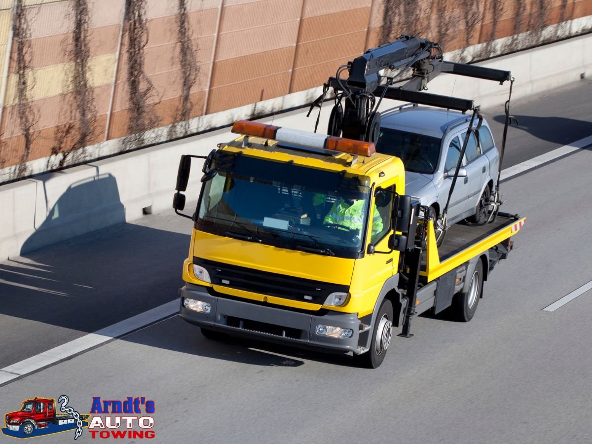 Arndt's Auto Towing tow truck responding in lake-effect snow Benton Harbor Michigan winter roadside assistance 49022
