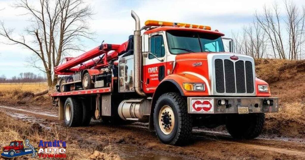 Heavy-duty rotator truck performing vehicle recovery extraction in ditch near Benton Harbor with specialized winch equipment