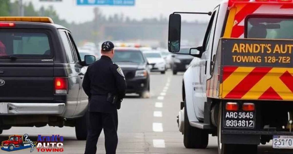 Police officer and Arndt's Auto Towing truck at accident scene on I-94 near Benton Harbor with damaged vehicles