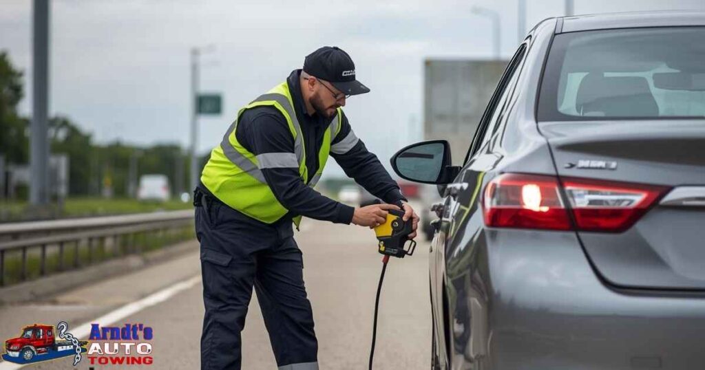 Roadside assistance technician helping stranded driver with lockout service on I-94 near Benton Harbor with emergency equipment