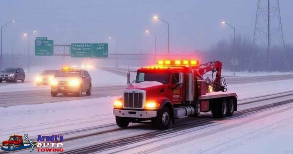 Snowy I-94 highway corridor near Benton Harbor showing winter road conditions with Arndt's Auto Towing truck providing emergency assistance
